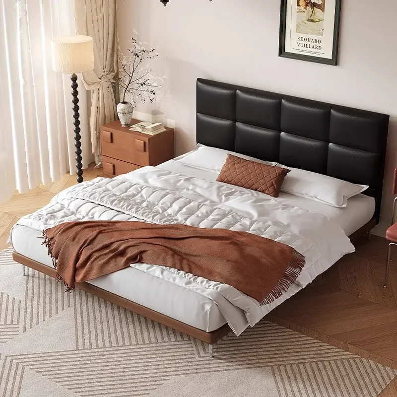 for French Retro Dark Chocolate Solid Wood Leather Bed Soft Bag Flush Edge Wedding Bed Italian Minimalist Master Bedroom