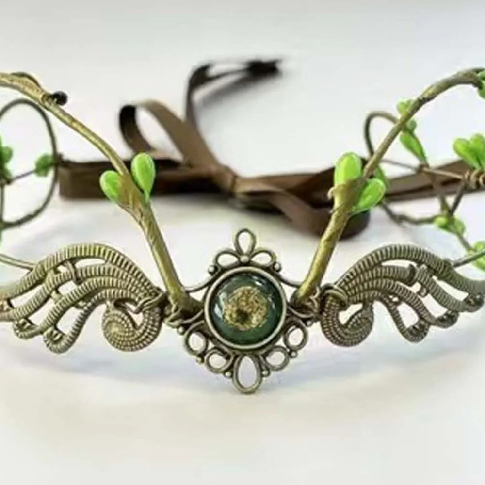Flower Vine Elven Crown Fantasy Rhinestone Decorated Elf Tiara Simulate Tree Leaves Head Band Fairy Headpiece Forest Wedding