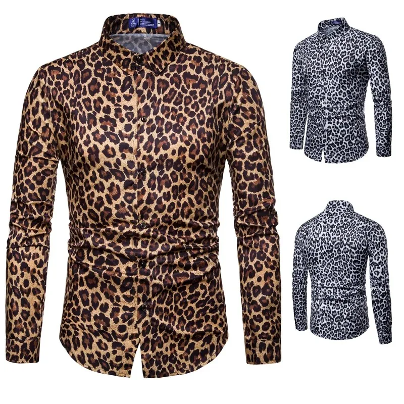 Camisa de un solo pecho con solapa para hombre, abrigo transpirable cómodo, camisa informal de manga larga con estampado de leopardo, nueva