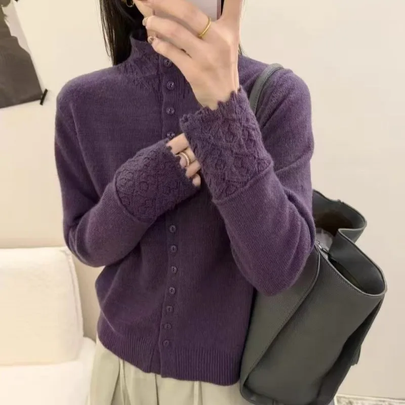 

Women's Faionable Hollow out Knitted Sweater Coat Single Button Stand Collar Soft Warm Winter Top Color Outerwear