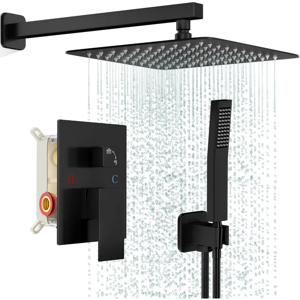 

Wall-Mounted Metal Rainfall Shower System with Square Head and Handle