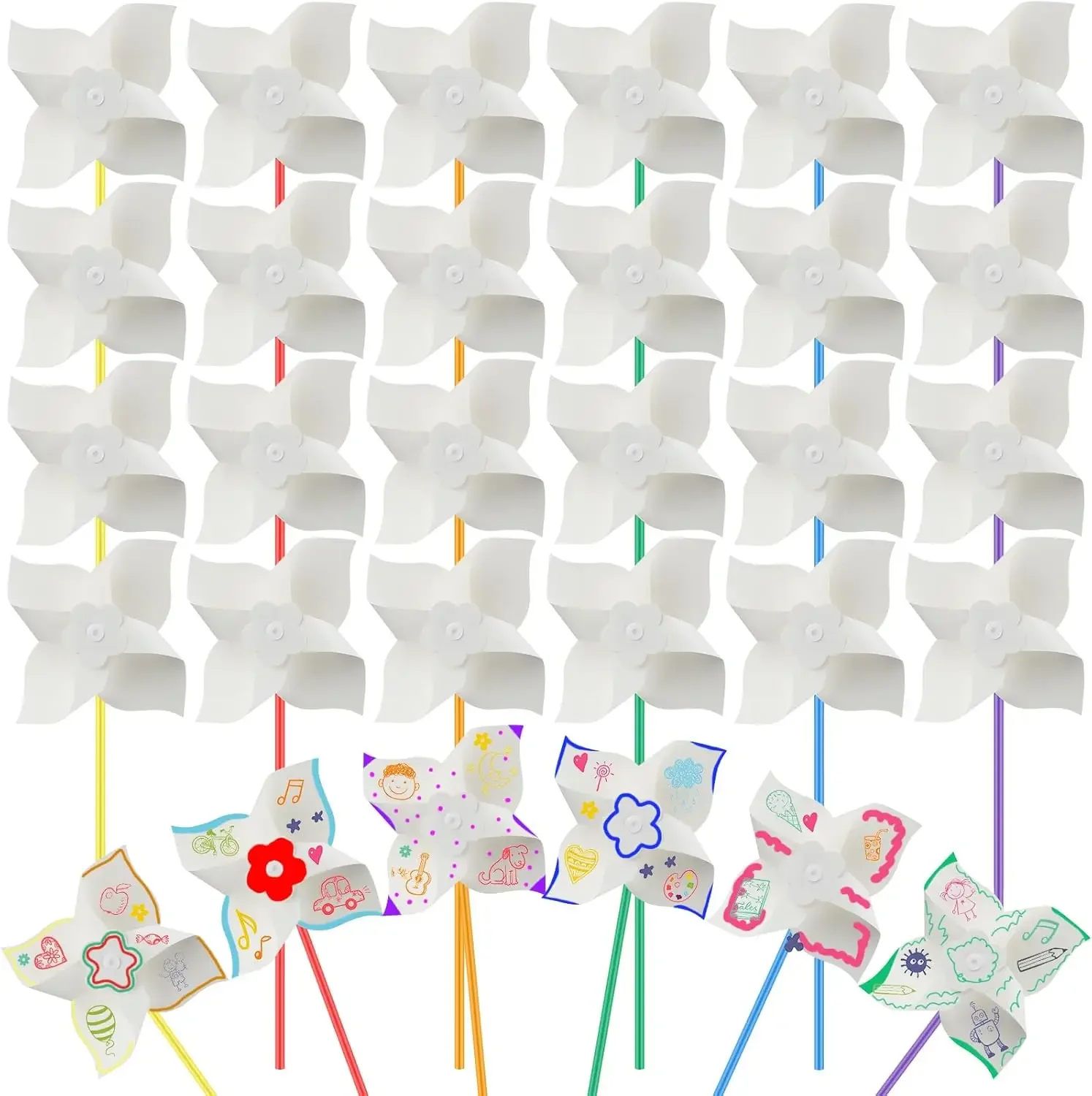 48 Pcs DIY Craft White Blank Paper Color Your Own Pinwheels for Kids Boys Girls Summer Arts and Craft Project Party Favor