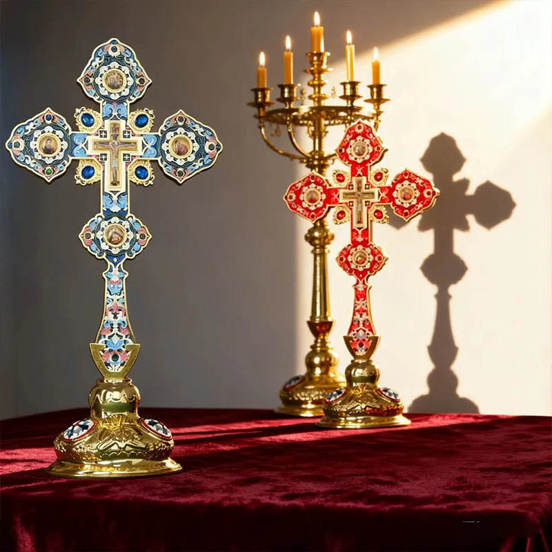 Luxuriöses Orthodoxes Christliches Geschenk: Vergoldetes Grünes Cloisonné-Standkreuz, Kirchenqualität, Altar-Kruzifix für Spirituelle Heimdekoration – Detail 5