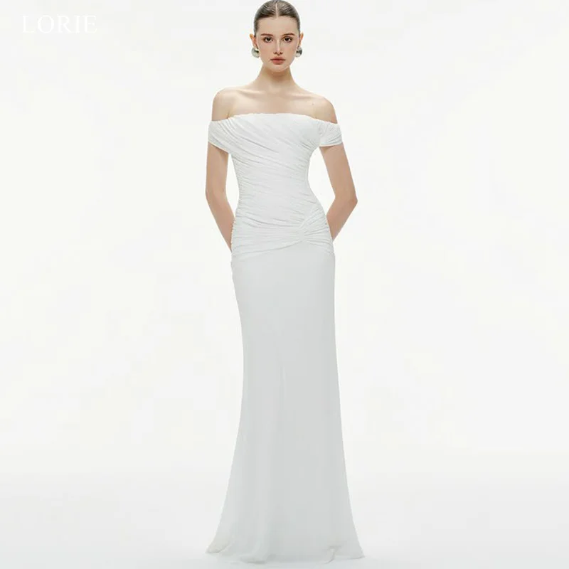 

LORIE Chic White Chiffon Evening Dresses Off The Shoulder Mermaid Party Dress Pleats Maxi Bodycon Prom Gowns Customized