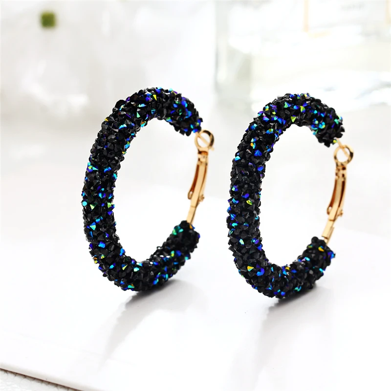 New Design Fashion Charm Crystal Hoop Earrings Geometric Round Shiny Rhinestone Big Earring Jewelry Women Ladies Earrings Metal