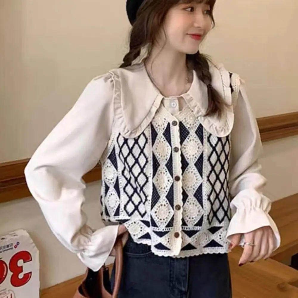 

Embroidery Hollow Out Crochet Crop Top Vest Stripe Cardigan Knitted Lace Sweater Vest Lattice Korean Style Jumpers Waistcoat Top