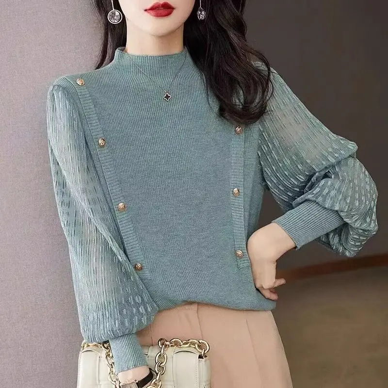 

Elegant Patchwork Chic Knitted Sweater Women's Autumn Winter New Half-High Collar Base Sweater Short Sleeve Lantern Sleeve Top