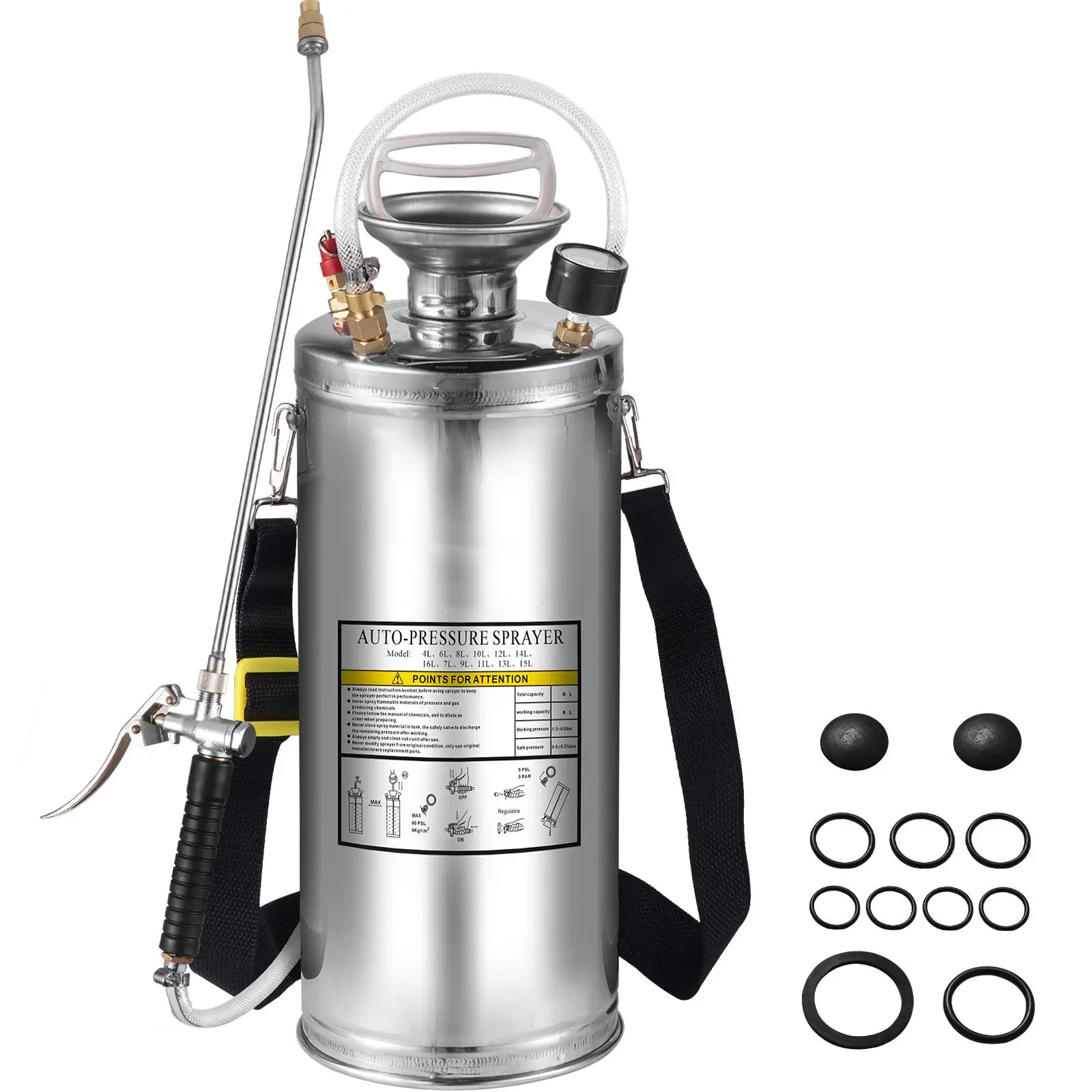 

2Gal Stainless Steel Sprayer with 20" Wand Handle 3FT Reinforced Hose Hand Pump Sprayer with Pressure Gauge Safety Valve