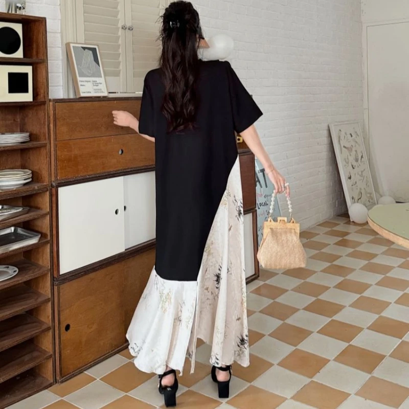 Plus Size Women's Summer Dress 2025 Korea Style Loose Jacquard Satin Long Dress Robe Short Sleeve Elegant Elbise Midi Dress