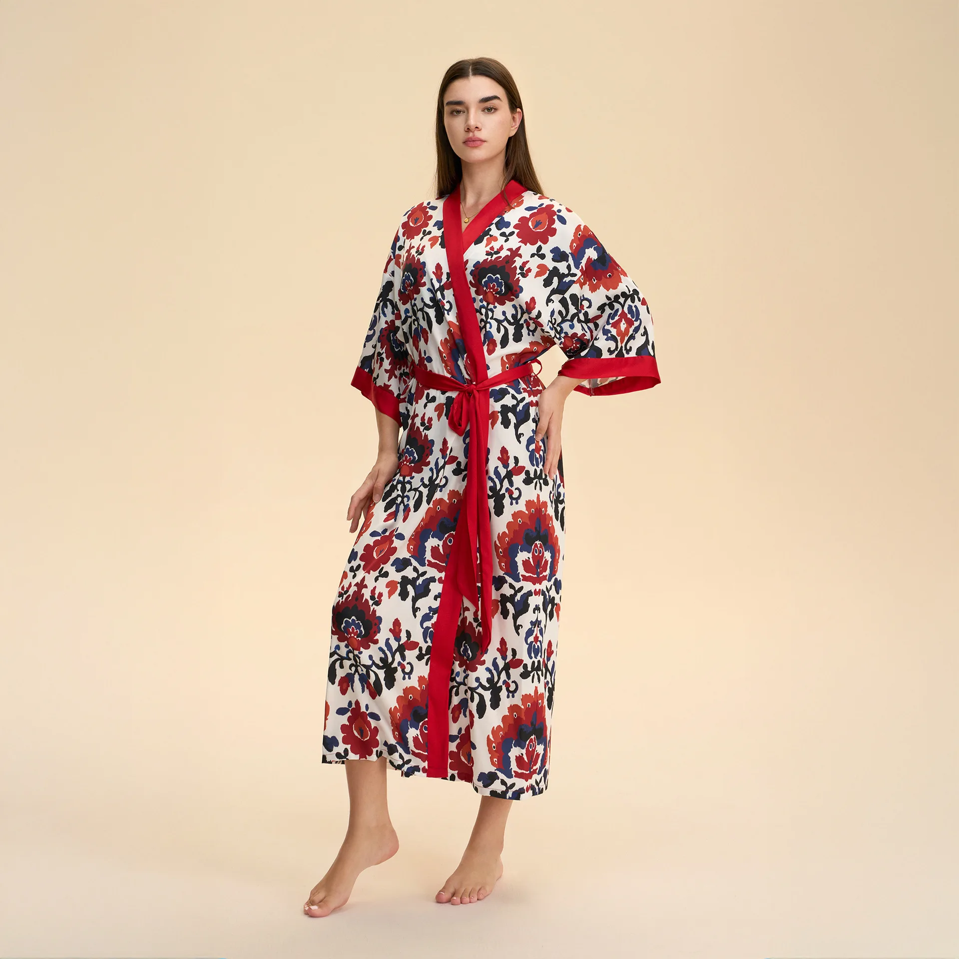 Spring Summrer Female Long Robe Sleepwear Print Kimono Bathrobe Gown Half Sleeve Nightgown Loose Satin Home Dress Lounge Wear 3