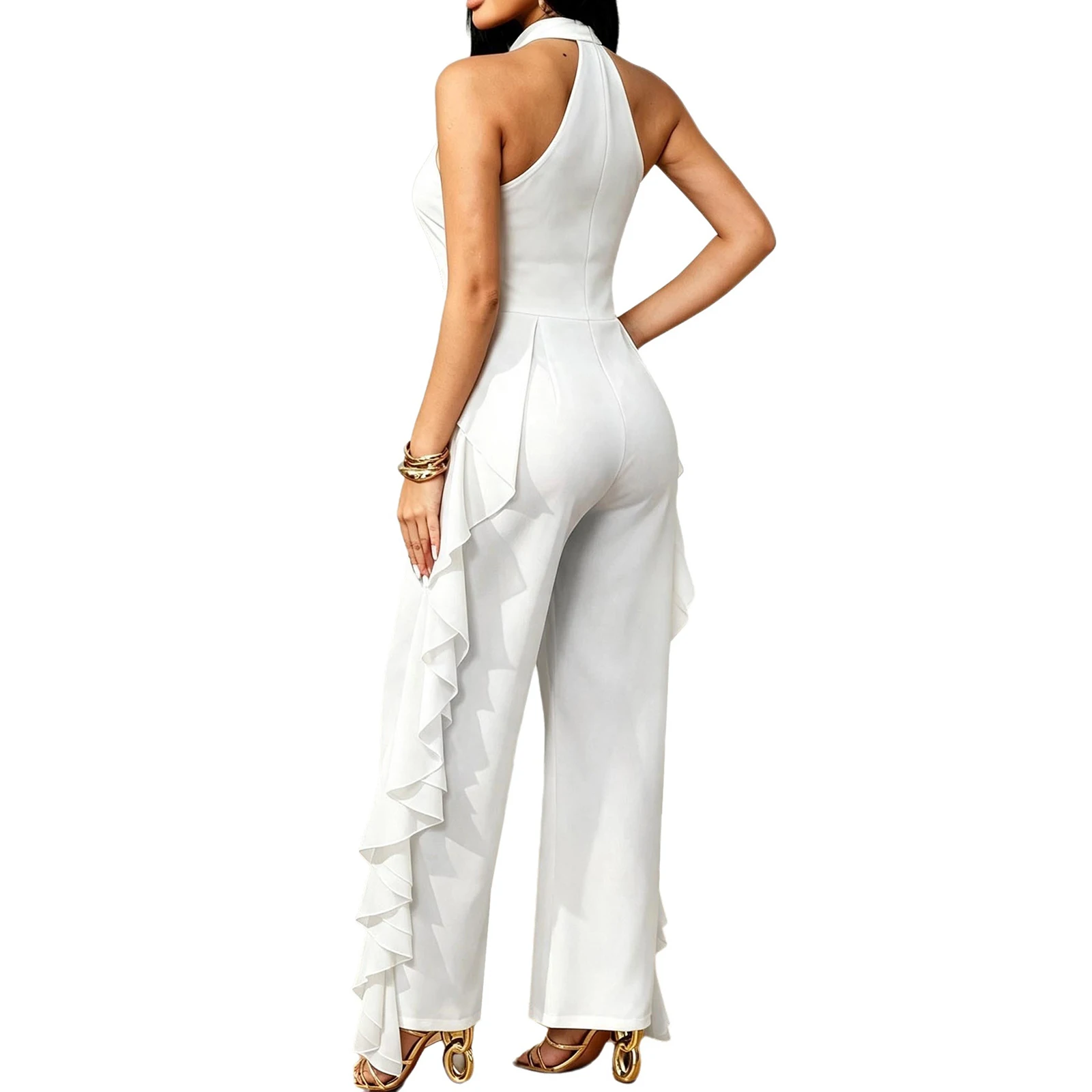 Elegant Women Halter Party Jumpsuit Lady Sleeveless Layered Wide-leg Pants Bodysuit Back Zipper Loose Romper for Club Daily Wear