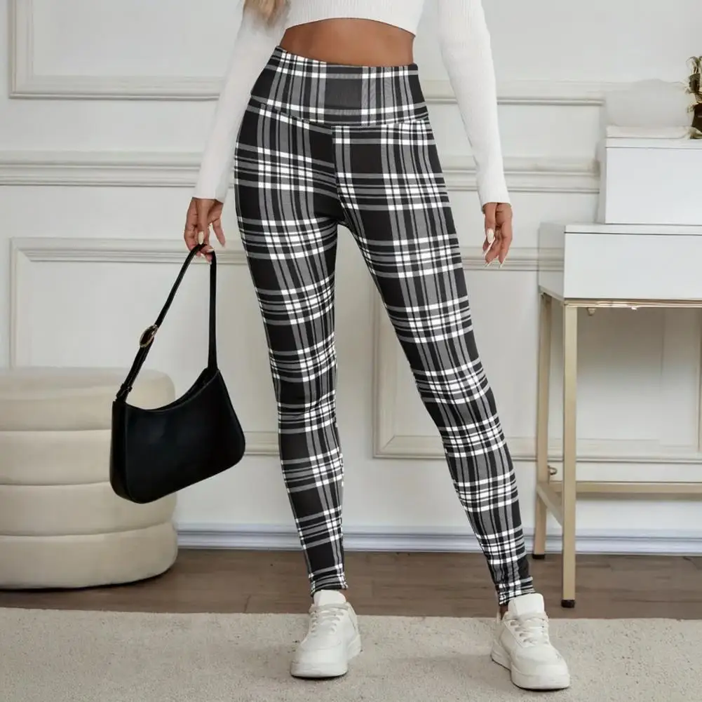 타이트한 탄력성 스포츠 피트니스 레깅스 여성 빈티지 체크무늬 포켓 포함 플리스 레깅스 두꺼운 가을 겨울 보온 바지