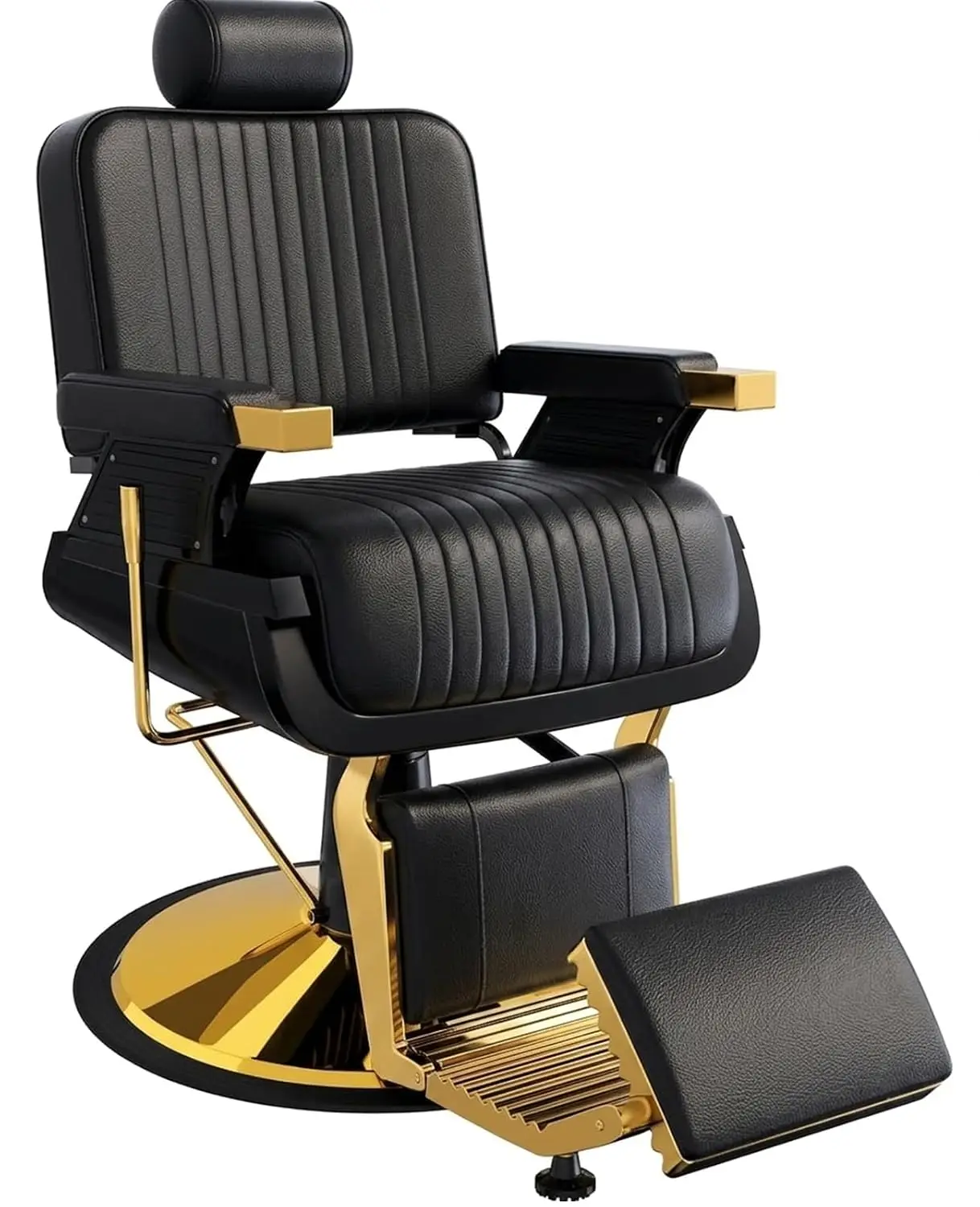Heavy Duty Hydraulic Barber Chair, Vertical Stitch Leather, Adjustable Headrest & Footrest, 360° Swivel, Black Gold, Customized