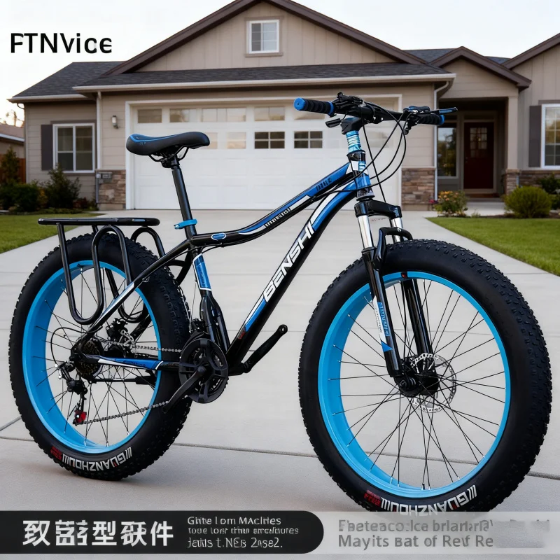 Schwarz und Blau, großes Reifenfahrrad, Erwachsene, Herren, variable Geschwindigkeit, dick, breit, Schnee, Mountainbike, Offroad, Fatbike, Strand, Stoßdämpfung