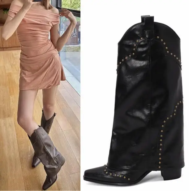 Drop Shipping Retro Black Dark Brown Leather Small Square Toe Rivet Tube Slip On Knee High Pants Boots 7 CM Heels Long Botas