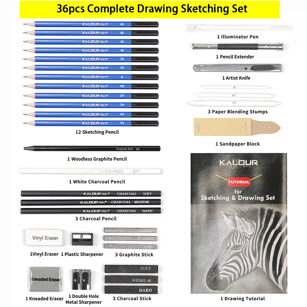 KALOUR 22/25/36pcs Sketching Pencils Set Full Hardness Range Complete Kit Non-toxic Artist Kit Quality Drawing/Shading Supplies