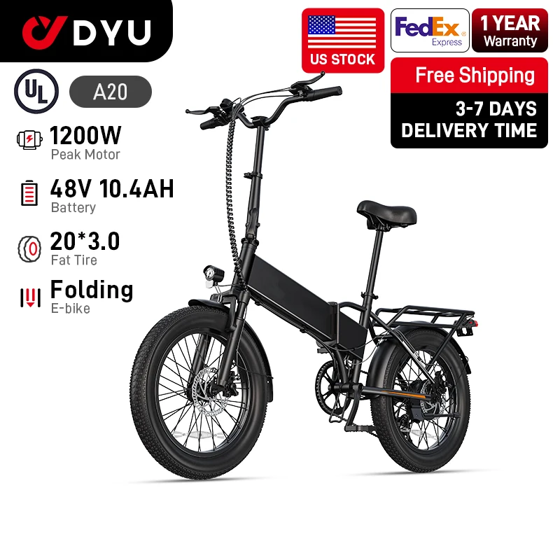 

【1 Year Warranty】DYU A20 Adult Electric Bike Peak 1200W Motor 48V10.4AH Battery Electric Bicycle 20*3.0 Inch Fat E-bike，UL2849