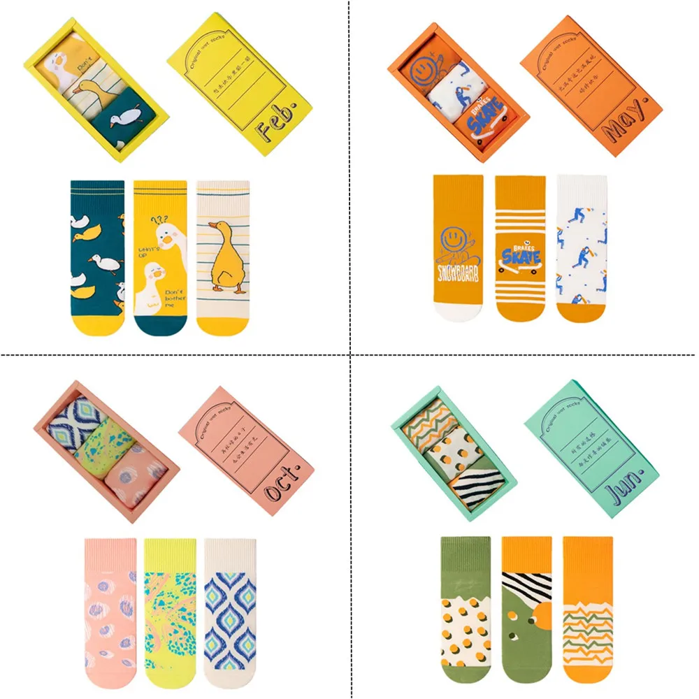 

3 Pairs/Box Woman’s Socks Gift Box Funny Hot Sell calcetines mujer Happy japanese style Handsewing dunk low Cotton Street wear