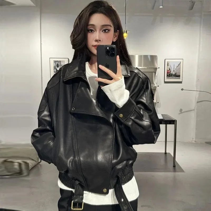 Women's Black Suit Leather Jacket New Style Soft Korean PU Leather High-end Female Loose Blazer Leather Overcoat Locomotive Coat