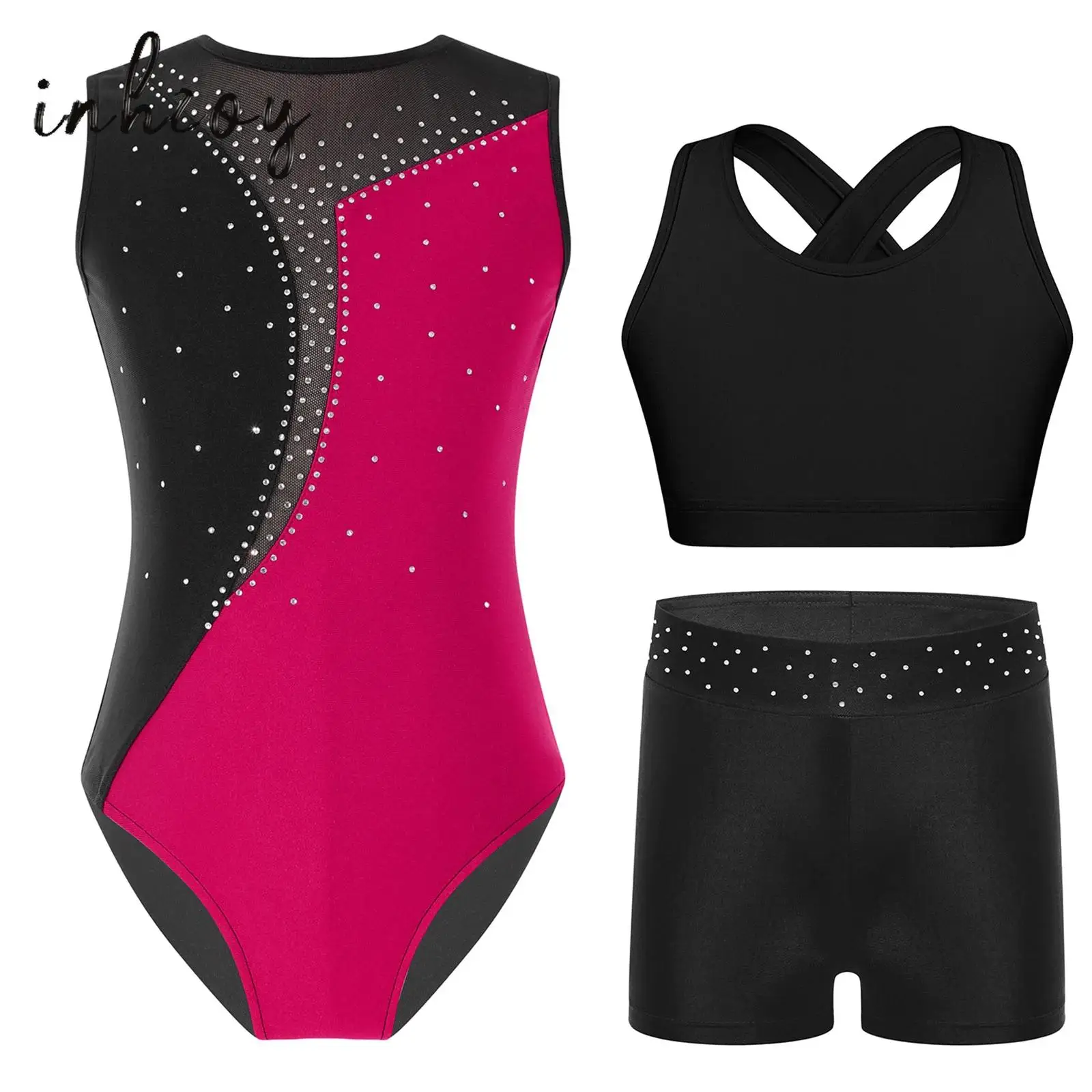 

Kids Girls Acrobatic Gymnastics Leotard 3-Piece Sleeveless Shiny Rhinestone Contrast Color Bodysuit+U Neck Tank Bra Top+Shorts