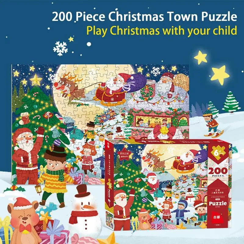 Christmas Puzzles Jigsaw For Kids Brain Teaser 200 Pieces Toddler Puzzles Of Christmas Town Learning Toys Set Gift