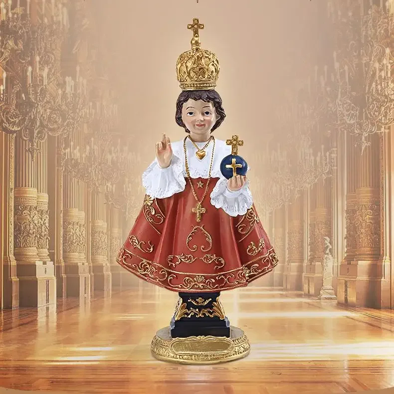 30cm Roman Infant of Prague with Cross Royal Red Robes Resin Stone Tabletop Figurine Religious Decoration Gift