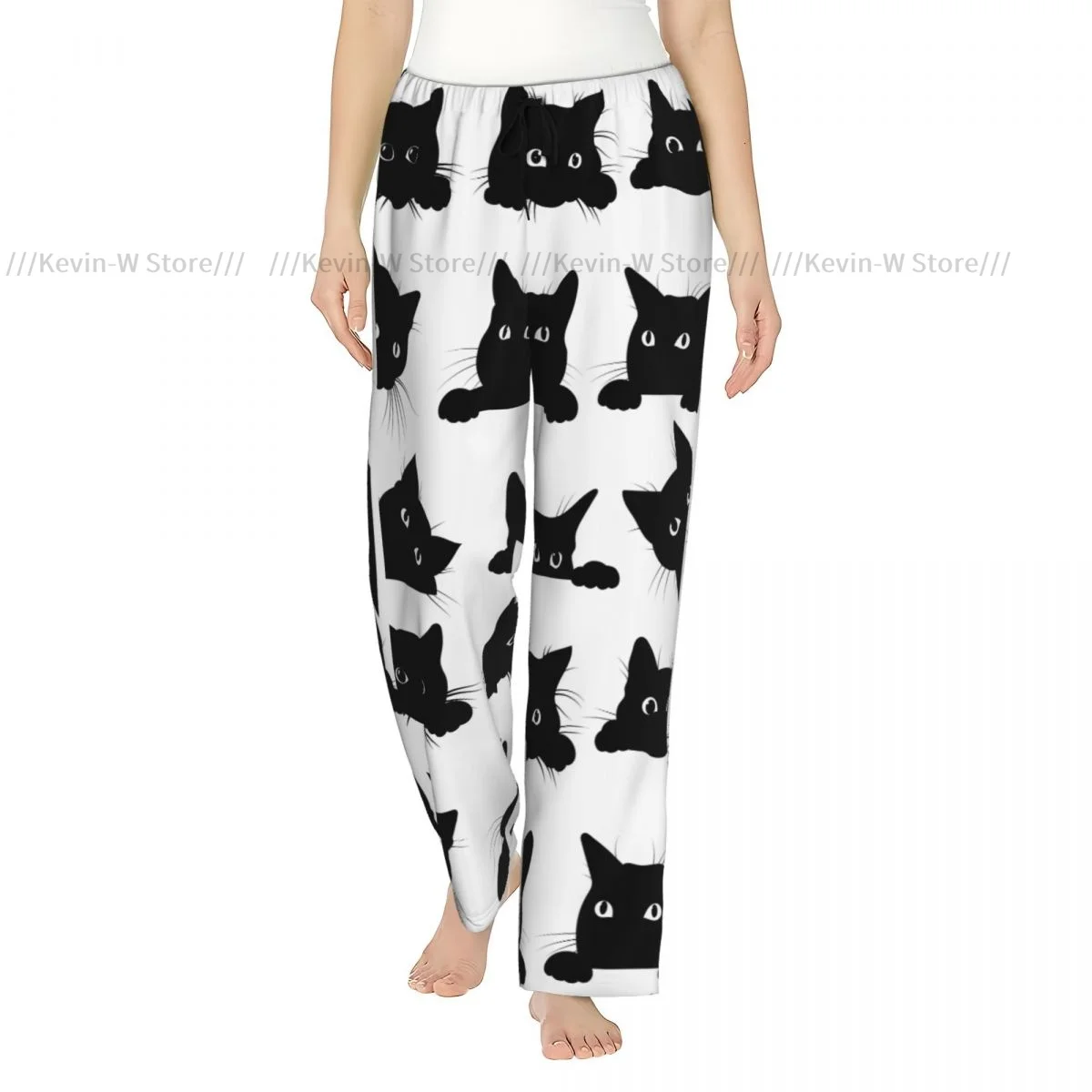 

Women Flannel Pajama Bottoms Soft Fleece Black Cats Looking Out Of The Corner Sleep Pants with Drawstring Waist