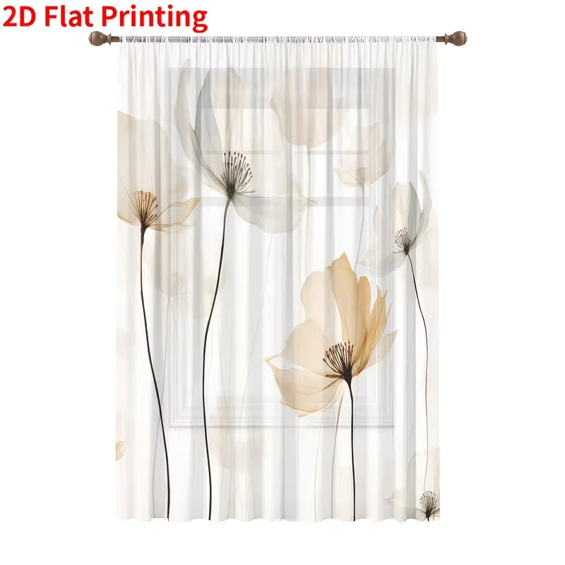 1-teilige Wabi-Sabi Beige Mohnblumen Transparente Vorhänge 2D Flachdruck Minimalistische Aquarell-Blumen Voile-Gardinen für Wohnzimmer Schlafzimmer