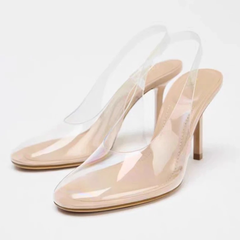 

Прозрачные босоножки на высоком каблуке из ПВХ, женские модные брендовые дизайнерские туфли с круглым носком и неглубоким ремешком сзади, элегантные модельные туфли для банкета