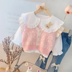 Baby Girls Knitted Vest Lace Shirt Jeans 3 Pcs Suit Infant Cartoon Clothes Outfits Kids Clothing Sets Children Sportswear