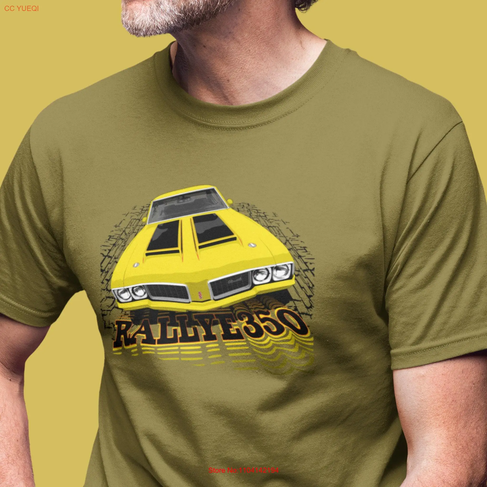 Classic car shirt featuring yellow 70 Olds Cutlass Rallye 350 Light color T version 1970 Oldsmobile long or short sleeves