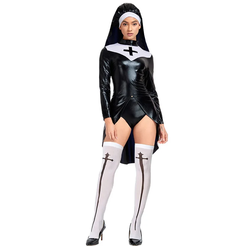 

loween Punk Nun Costume Women's Stage Performance PU Leather Habit Outfit Gothic holic Nun Outfit for Women