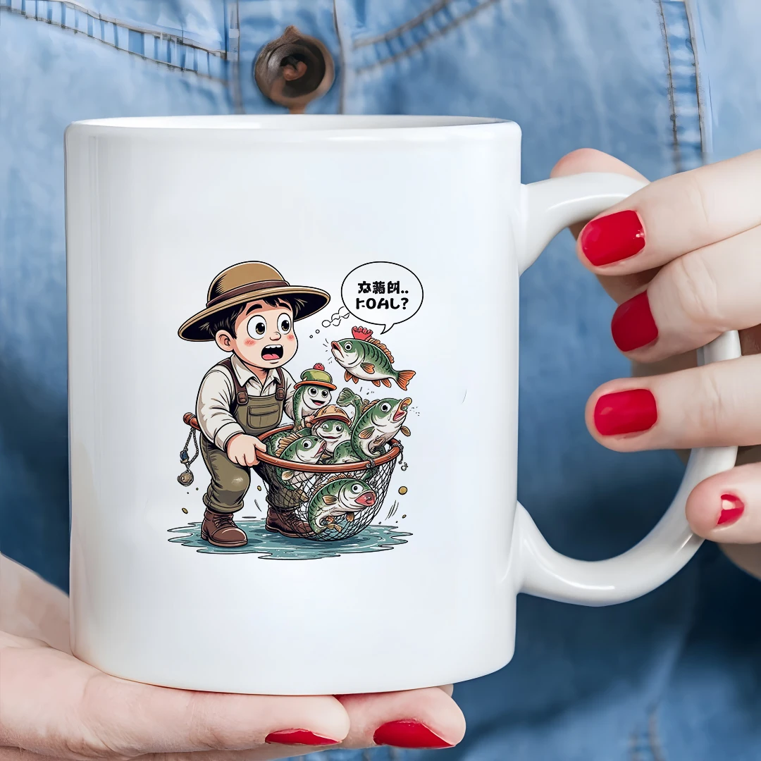 

11oz Cartoon Fisherman Mug Kids Cold & Hot Drink Cup Christmas Gift Office Fish Fun Home Cup