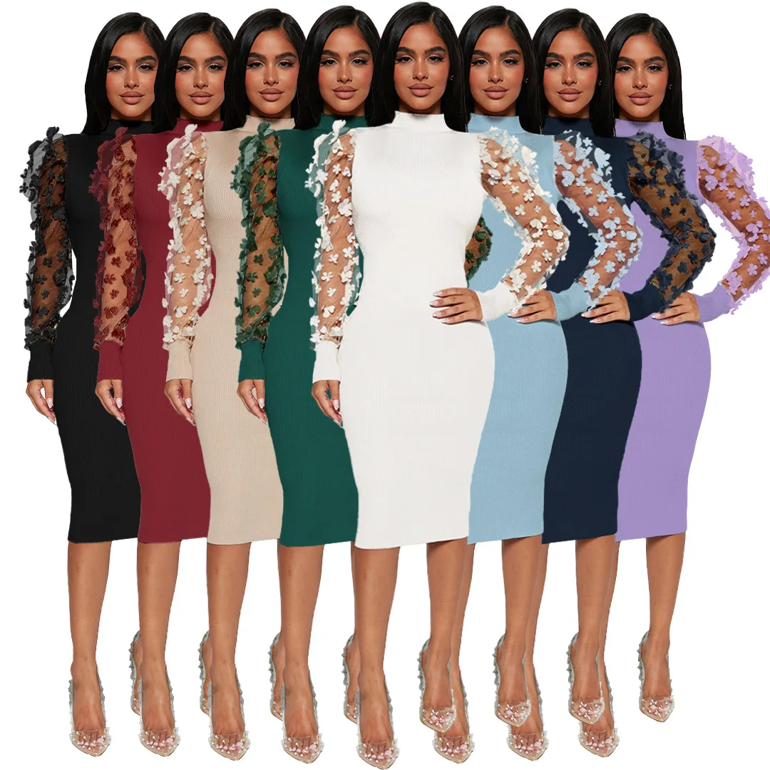 Robe fourreau pour femmes, Sexy, droite, transparente, col mi-haut, fleur tridimensionnelle, bureau, automne 2025