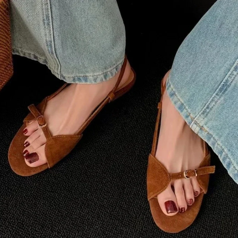 

Shoes for Women 2025 Summer New Sales Open Toe Women's Sandals Belt Buckle Hollow Matte Suede Casual Women's Low Heel Sandals