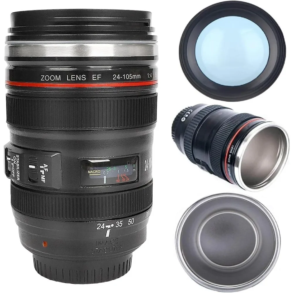 1pc Camera Lens Mug Photographer Gifts Lens Coffee Cup Stainless Steel Black Camera Cup with Leakproof Kitchen Tools