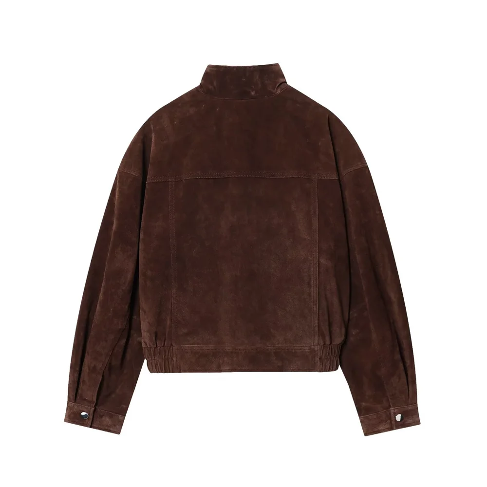 خريف جديد ميلارد بني أمريكي بياقة واقفة سترة قصيرة وصغيرة من جلد الغزال #2