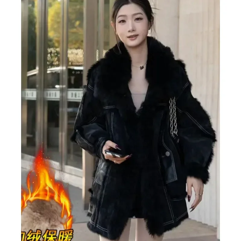 Autumn Winter New Women Faux Mink Fur Jacket Leopard Print Thicken Warm Casual Short Outwear Fashion Pink Collar Long Sleeve