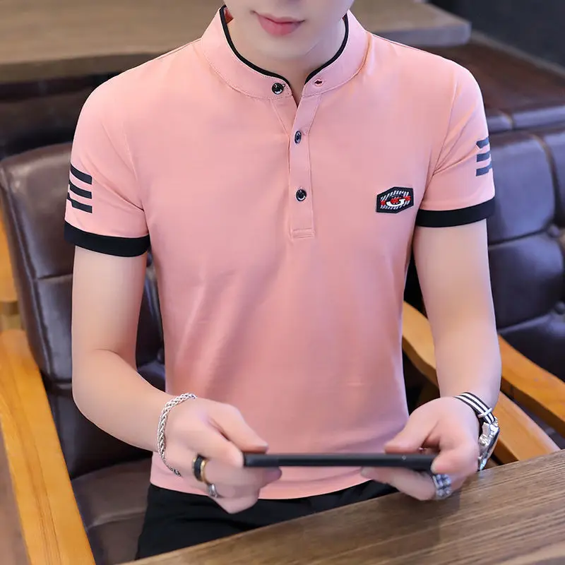 

Summer Men's Clothing Solid Color Button Pullover Short Sleeve Round Neck T-shirt Casual Formal Boyfriend Streetwear Tops