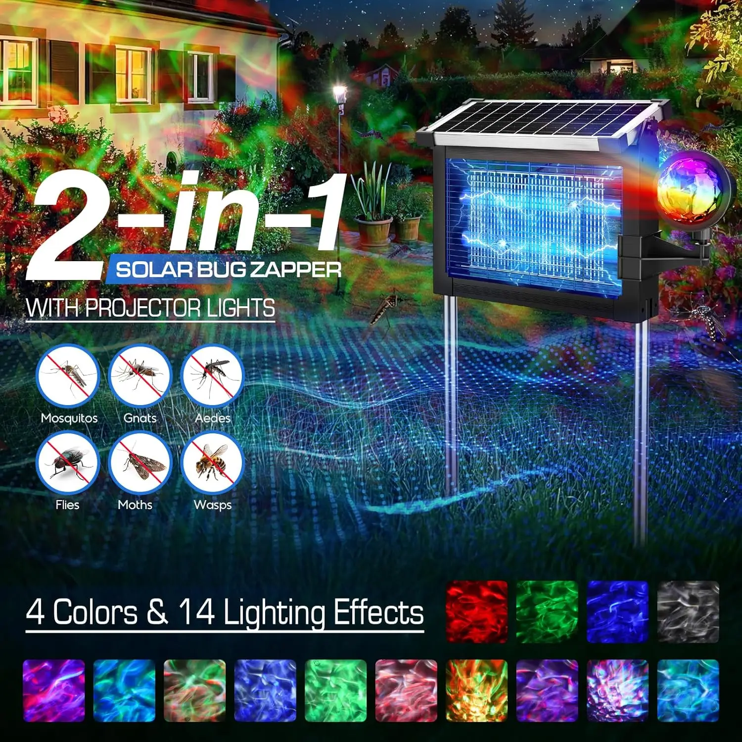 Solar Bug Zapper 4500V, 2-in-1 Rechargeable with Projection Light, IP66 Waterproof, Type-C Charging, for Patio, Yard & Camping