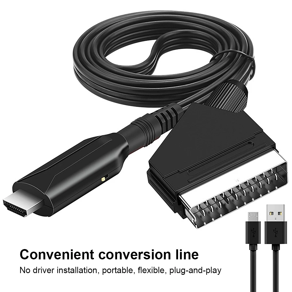 Scart to HDMI-compatible Adapter Professional Male-Male Living Room Audio Video Converter Connector with Power Cable