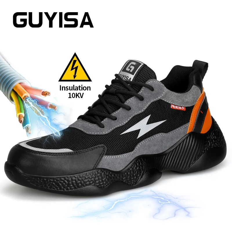 GUYISA Work shoes Safety shoes Steel toe Insulated 10KV lightweight Size 37-45 Black Anti scalding Anti smashing