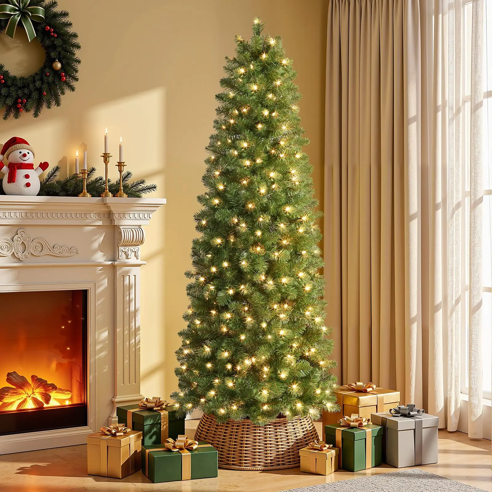 Prelit Artificial Pencil Christmas Tree 6FT & Warm White Lights