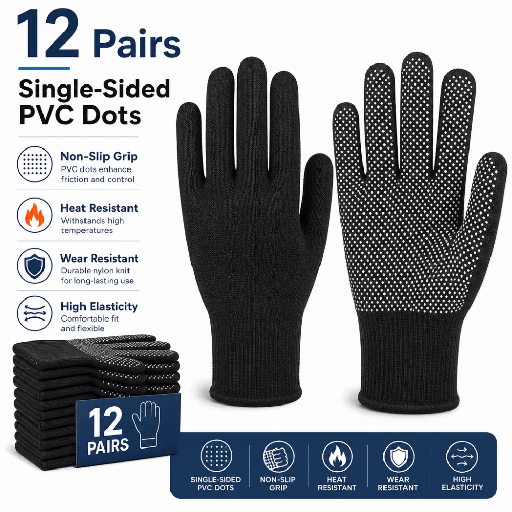 

12pairs Anti Slip Protective Gloves Heat Resistant Heavy Duty PVC Dotted Gloves‌ Full Finger Mittens Safety Work Gloves Garden