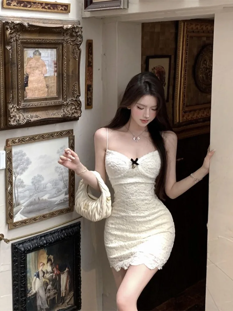 

Spicy Girl Lace Strap Wrap Hip Dress Women Print Bow Splice Collarbone Sleeveless Solid Slim Summer Banquet Chic Lady Dressing