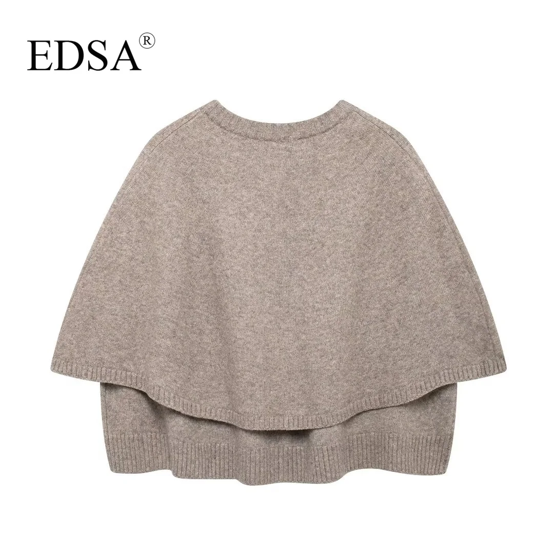 EDSA Women Knitted Cape Cardigan Round Neck Short Sleeves Ribbed Trims Button-Up Front Sweater Coat Casual Female Outerwear