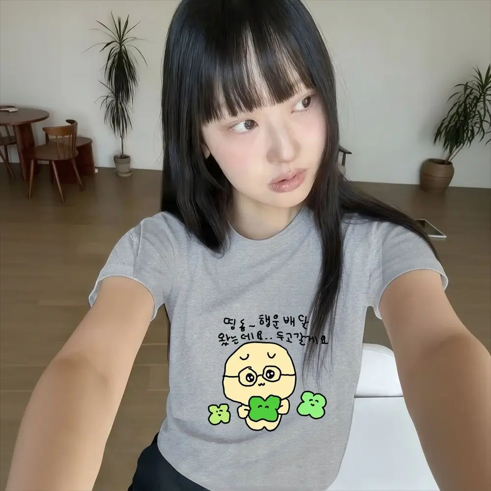 Yellow Character with Glasses and Clover Print T-Shirt Women Kawaii Summer Short Sleeve Korean Text Harajuku Y2k Streetwear Tops image 4