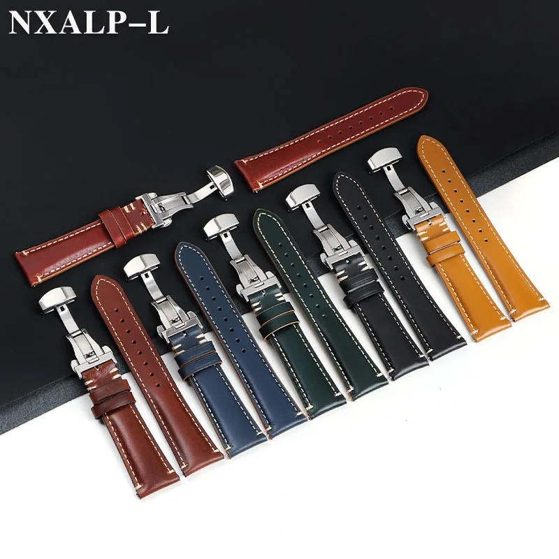 Pulseira De Relógio De Couro Genuíno, Liberação Rápida, Pulseira De Couro De Óleo, Fecho De Borboleta, Pulseira De Costura Artesanal, 20mm, 22mm, 24mm
