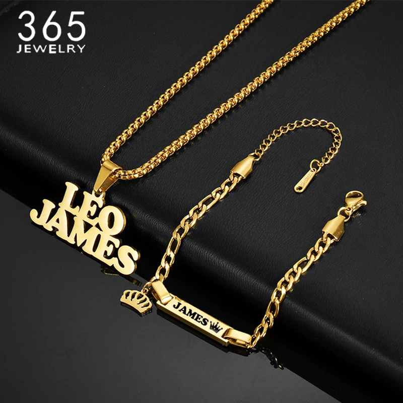 365 Customized Name Set Stainless Steel Personalized Necklace Crown Bracelet Chain For Women Charming Jewelry Gift