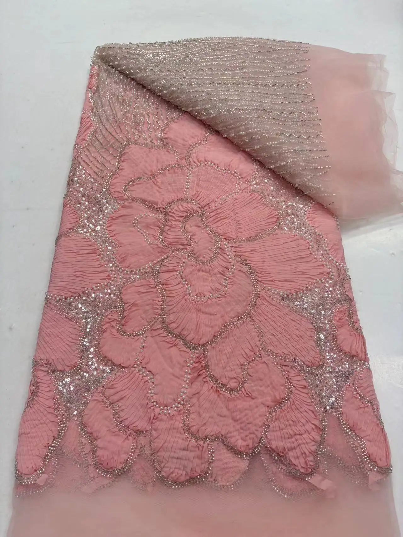 Hot Sale Exquisite Design Nigeria Handmade Embroidery Sequins Net Lace With Bead Top Quality For Party Evening Dress Sewing